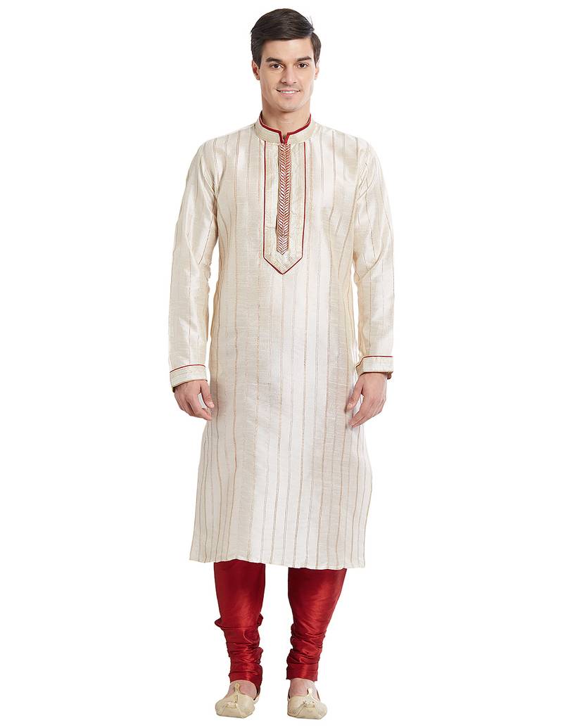 Cream art silk straight stitched kurta for men's