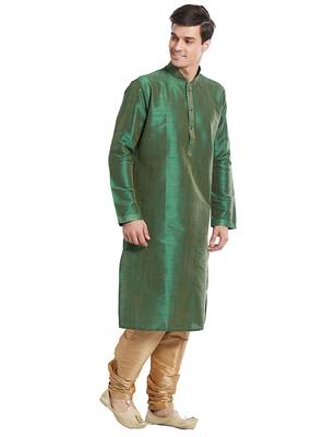 Green Art silk straight stitched kurta for men's 3