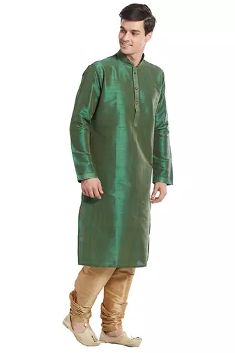Green art silk straight stitched kurta for men's