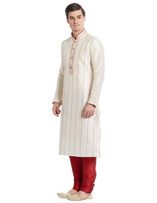 Cream Art silk straight stitched kurta for men's 2