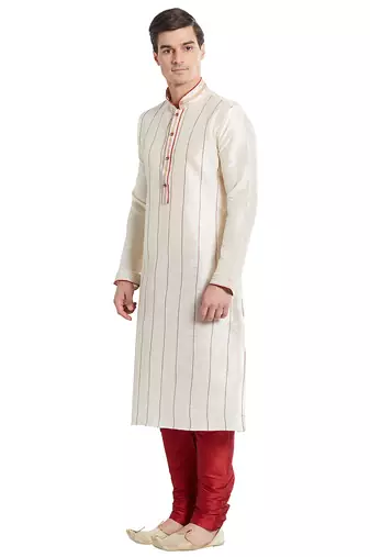 Cream art silk straight stitched kurta for men's