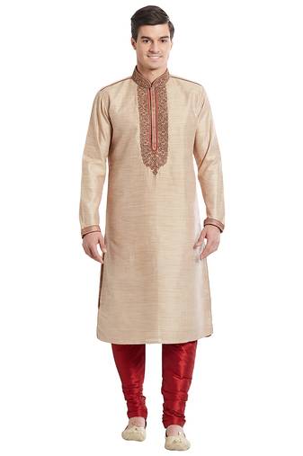 Fawn art silk straight embroidery kurta for men's