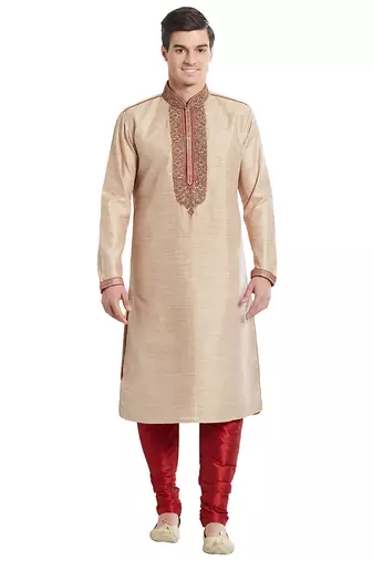 Fawn art silk straight embroidery kurta for men's