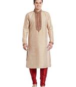 Fawn art silk straight embroidery kurta for men's