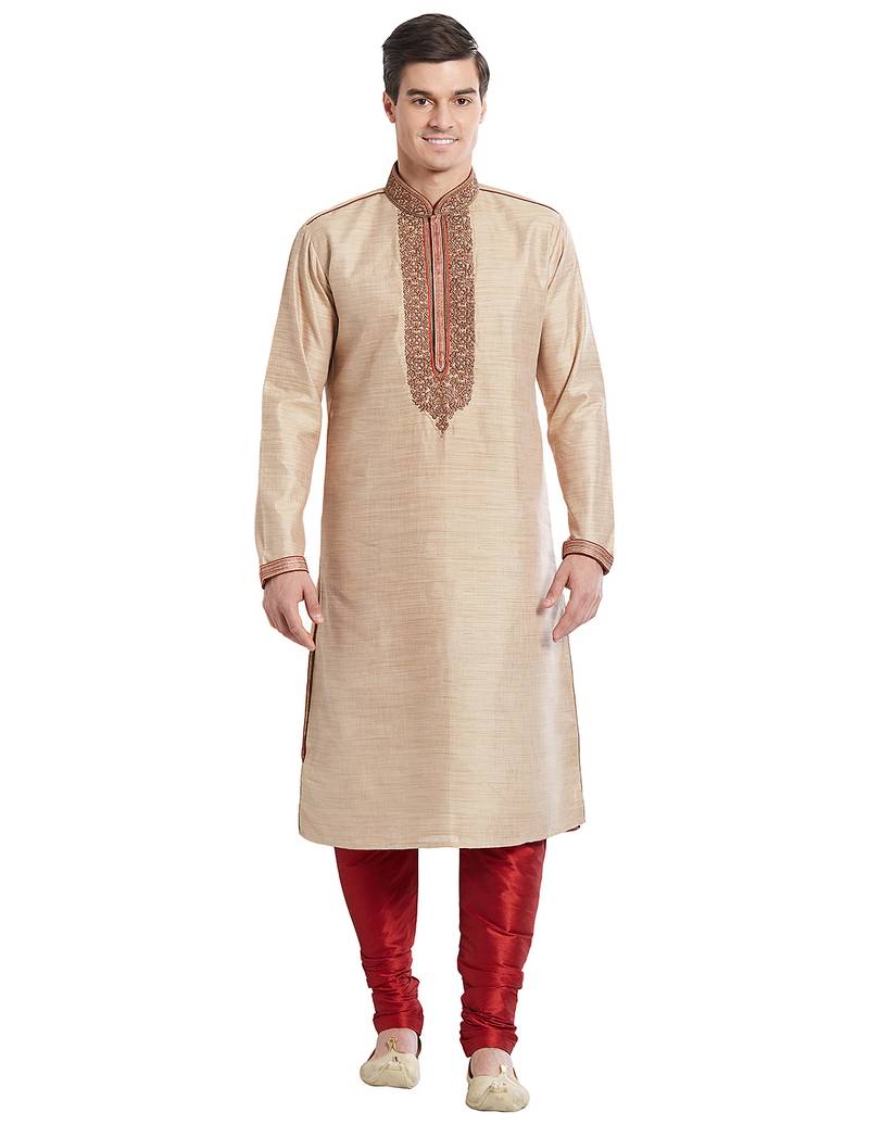 Fawn art silk straight embroidery kurta for men's