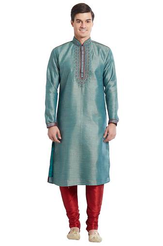 Green art silk straight embroidery kurta for men's