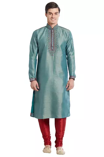 Green art silk straight embroidery kurta for men's