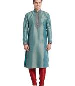 Green art silk straight embroidery kurta for men's