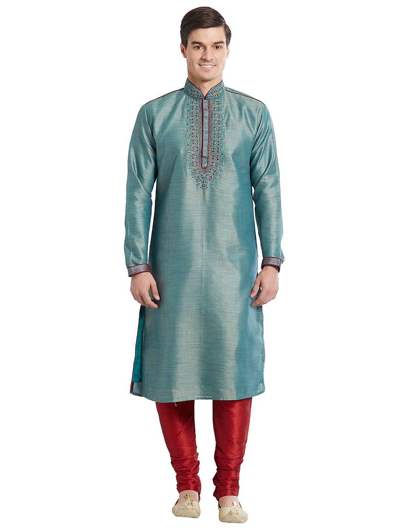 Green art silk straight embroidery kurta for men's