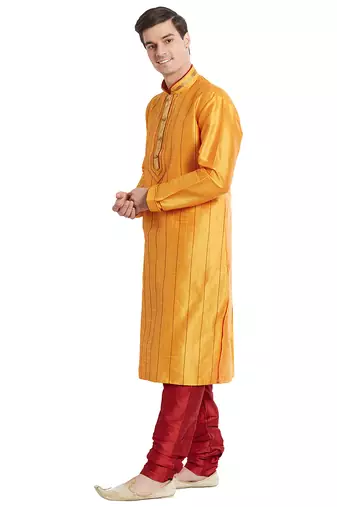 Yellow art silk straight stitched kurta for men's