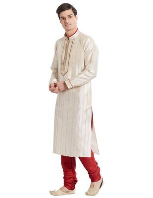 Cream Art silk straight stitched kurta for men's 2
