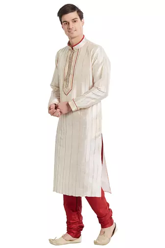 Cream art silk straight stitched kurta for men's