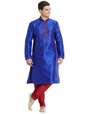Blue Art silk straight stitched kurta for men's 5