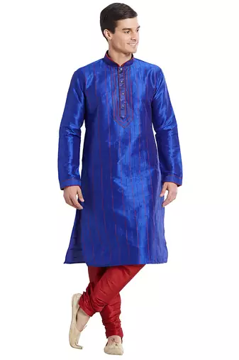 Blue art silk straight stitched kurta for men's