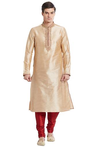 Fawn art silk straight embroidery kurta for men's