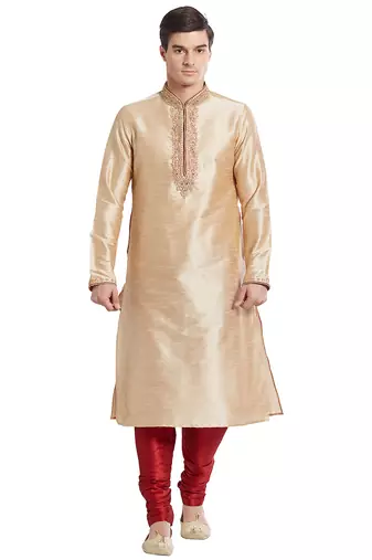 Fawn art silk straight embroidery kurta for men's