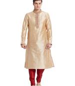 Fawn art silk straight embroidery kurta for men's