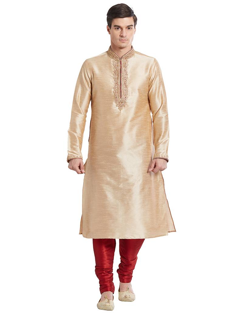 Fawn art silk straight embroidery kurta for men's