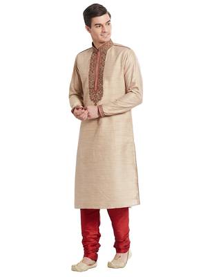 Fawn Art silk straight embroidery kurta for men's 2
