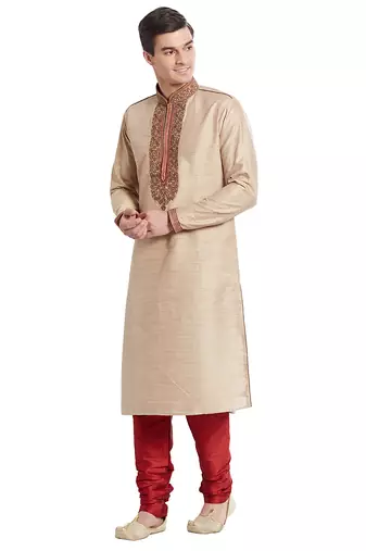 Fawn art silk straight embroidery kurta for men's