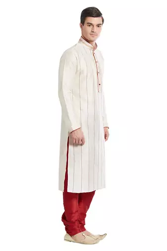 Cream art silk straight stitched kurta for men's
