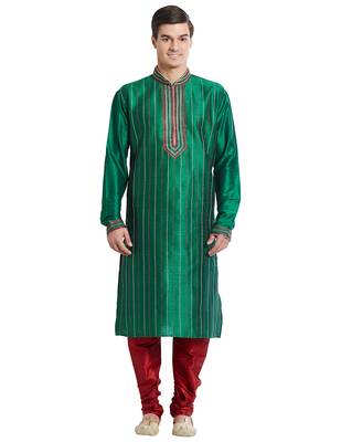 Green art silk straight stitched kurta for men's 1