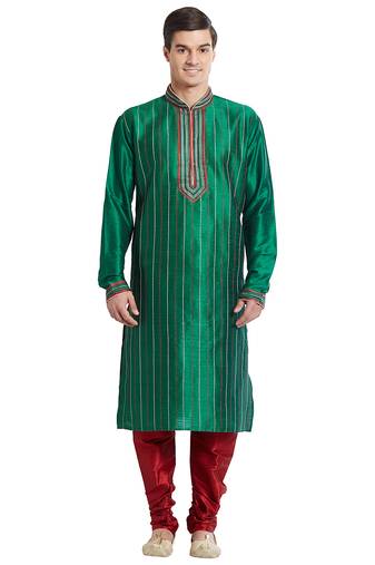 Green art silk straight stitched kurta for men's