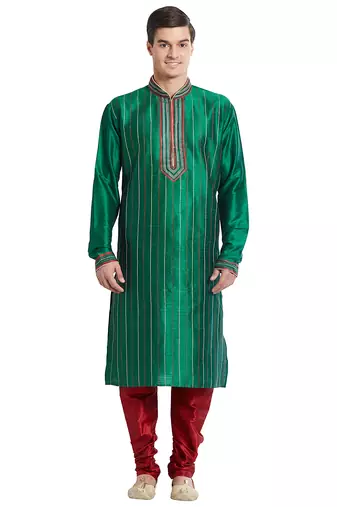 Green art silk straight stitched kurta for men's