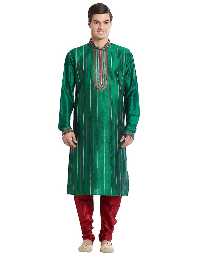 Green art silk straight stitched kurta for men's