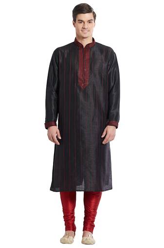 Black art silk straight stitched kurta for men's
