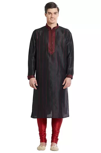 Black art silk straight stitched kurta for men's