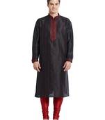 Black art silk straight stitched kurta for men's