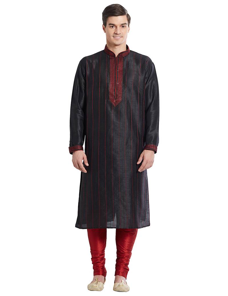 Black art silk straight stitched kurta for men's