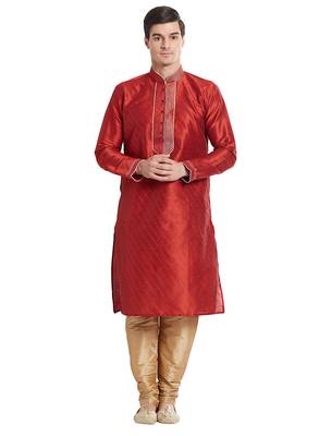 Maroon Art silk straight stitched kurta for men's 5