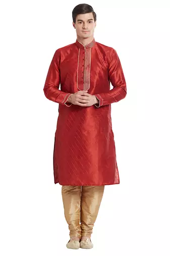 Maroon art silk straight stitched kurta for men's