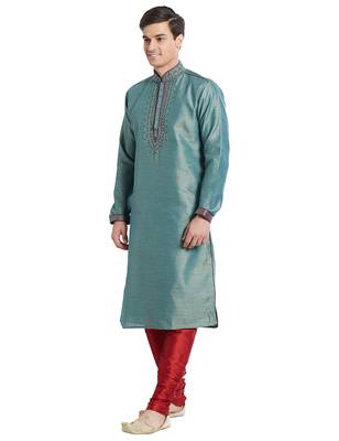 Green Art silk straight embroidery kurta for men's 2