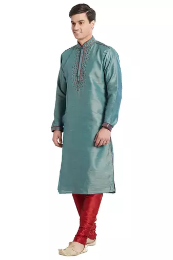 Green art silk straight embroidery kurta for men's