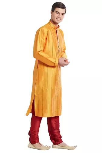 Yellow art silk straight stitched kurta for men's