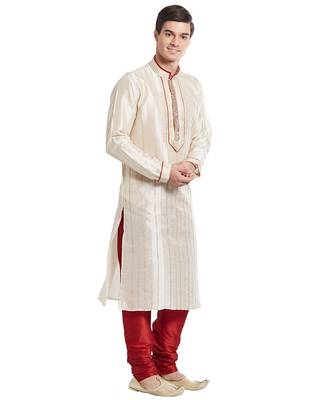Cream Art silk straight stitched kurta for men's 3