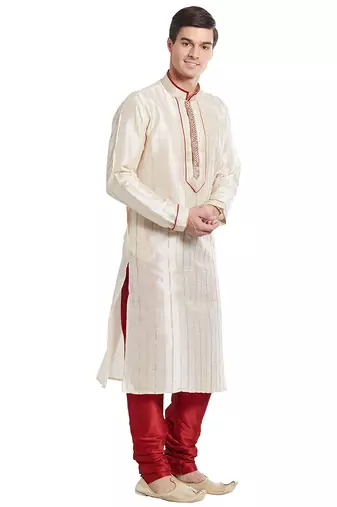Cream art silk straight stitched kurta for men's
