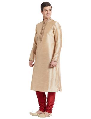 Fawn Art silk straight embroidery kurta for men's 2