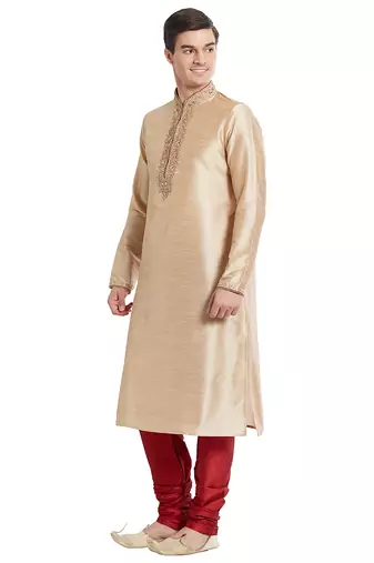 Fawn art silk straight embroidery kurta for men's