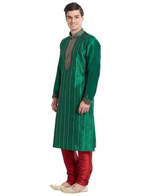 Green art silk straight stitched kurta for men's 2