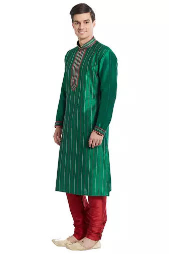 Green art silk straight stitched kurta for men's