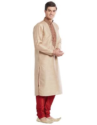 Fawn Art silk straight embroidery kurta for men's 3