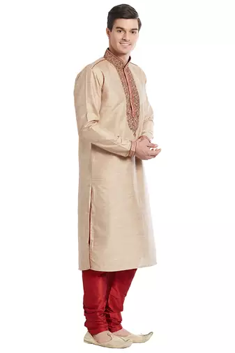 Fawn art silk straight embroidery kurta for men's