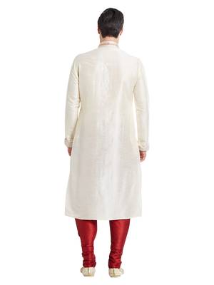 Cream Art silk straight stitched kurta for men's 4