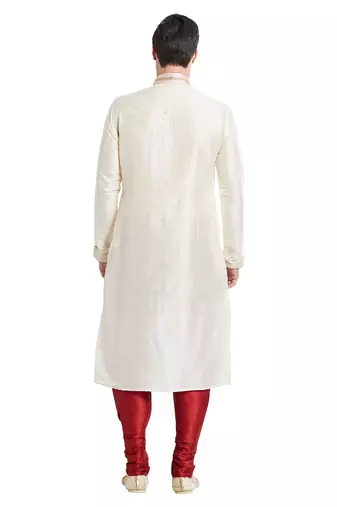 Cream art silk straight stitched kurta for men's
