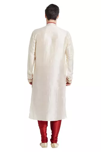 Cream art silk straight stitched kurta for men's