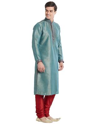 Green Art silk straight embroidery kurta for men's 3